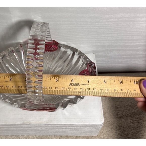 Vintage Glass Basket Clear Handle With Red Floral Accents & Textured Handle 6" - Picture 10 of 12